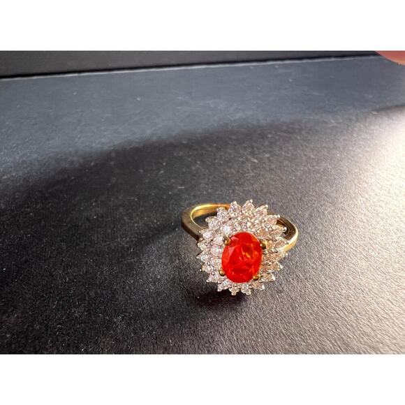 NEW Mexican Cherry fire opal moissanite halo ring in vermeil YG over 925 size 5 - Picture 7 of 16